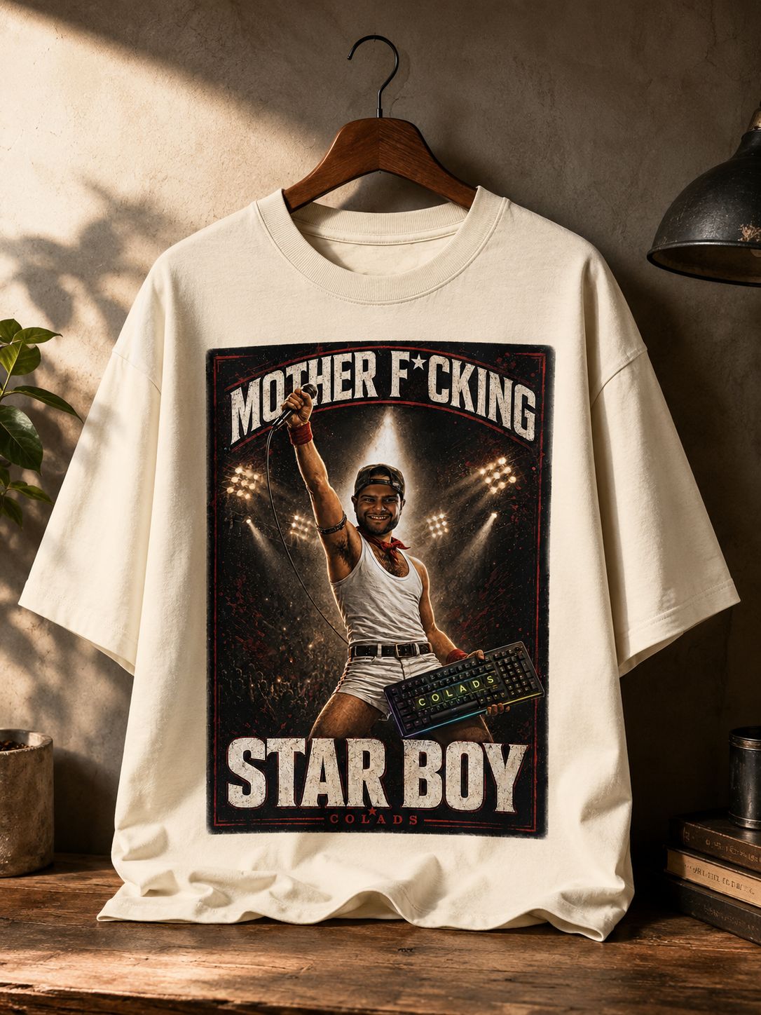 Oversized T-shirt with custom illustrated Star Boy farewell graphic